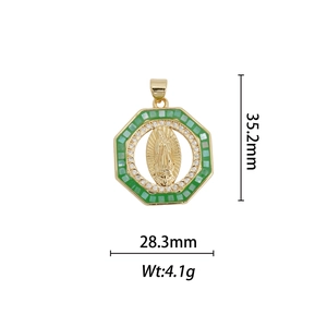 Detailed view of Virgin Mary 18k gold plated octagon pendant with size measurements