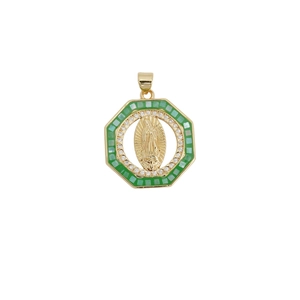 Octagonal 18k gold plated Virgin Mary pendant with green stones and white crystals