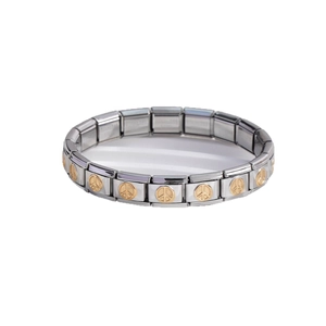 Bracciale componibile stile italiano in acciaio inox con simboli della pace dorati