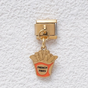 Italian charm stainless steel bracelet link with golden french fries enamel pendant detail