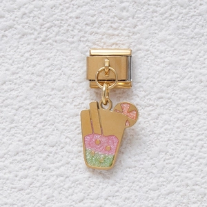 Golden Italian charm link featuring a pink and green glittery drink cup for DIY bracelets