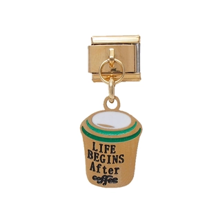 Italian charm link bracelet featuring a coffee cup pendant with 'Life Begins After Coffee' text