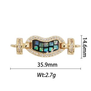Vue macro du pendentif haricot plaqué or 18 carats avec nacre arc-en-ciel et zircons