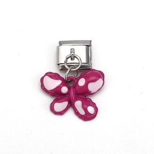Italian charm bracelet link in stainless steel featuring a pink butterfly pendant charm