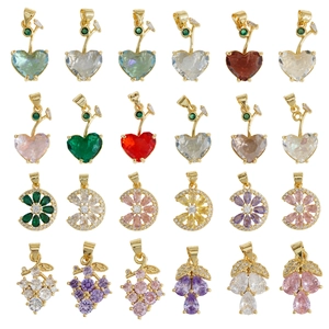 Pendentif en Cuivre Plaqué Or Avec Zircone Cubique Forme de Cœur Cerise Fleur Pendentif Seul Sans Chaîne Bijou Femme