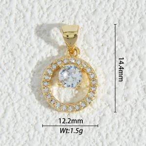 18K gold plated pendant with round zircon stones shown with measurements 14.4mm by 12.2mm
