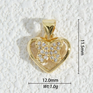 Detail of 18K gold heart pendant with zircon butterfly, size 12.0mm by 11.5mm