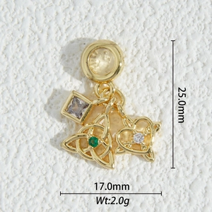 Detail of 18K gold plated heart pendant with purple zircon and dimension markings
