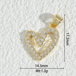 Macro view of 18K gold plated heart pendant with zircon stones and dimension specs