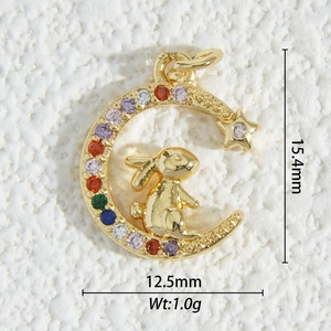 Detail view of 18K gold plated moon and rabbit pendant with colorful cubic zirconia