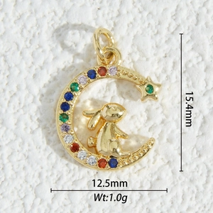 Macro shot of 18K gold-plated moon and bunny pendant with multicolored zircons 15.4mm