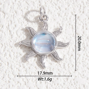 Silver sun pendant with moonstone center measuring 20mm by 17.9mm for DIY jewelry