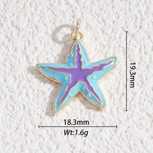 Starfish gold earring pendant with blue enamel and sizing specs 19.3mm by 18.3mm