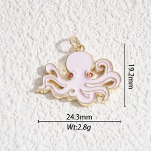 Detailed view of pink enamel octopus pendant with gold trim, size 24.3mm and weight 2.8g