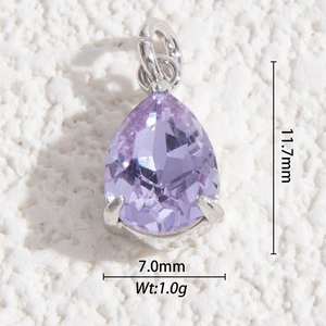 Detail view of 11.7mm pear-cut purple crystal pendant with silver three-prong setting