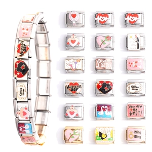 Stainless Steel Italian Charm Link For DIY Modular Bracelet Enamel Heart Floral Letter Jewelry Accessory For Women Men