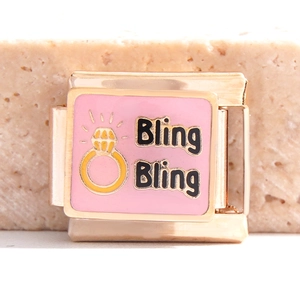 Italian modular charm in gold stainless steel with pink enamel and Bling Bling design
