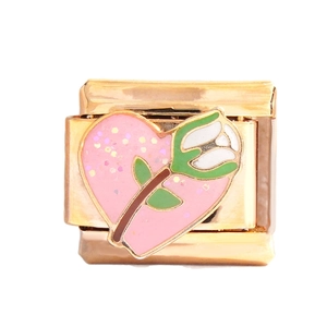 Italian charm link with pink glitter heart and tulip enamel in gold stainless steel