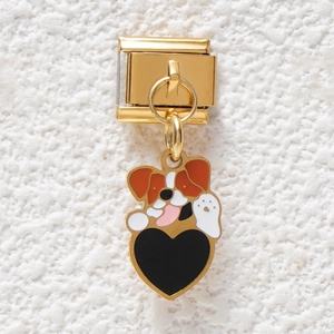 Italian charm link with gold finish and dog carrying a heart enamel pendant charm