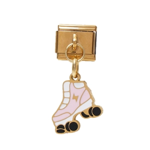 Italian modular charm featuring a pink and white roller skate pendant in gold finish