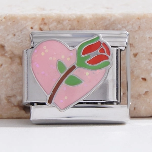 Italian charm link with pink glitter heart and red rose in stainless steel for bracelets