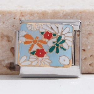 Italian charm bracelet link in stainless steel with daisy and dragonfly enamel patterns
