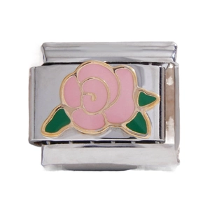 Italian modular stainless steel charm with a pink enamel rose flower and green leaves