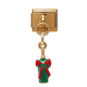 Italiaanse bedelarmband schakel in goud met groene kerstfles hanger en rode strik
