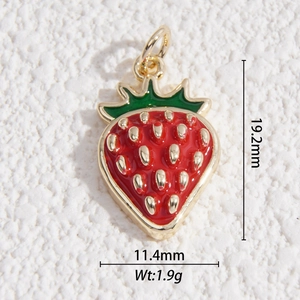 Macro view of strawberry charm showing 19.2mm height and 11.4mm width dimensions