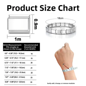 Size chart for modular Italian charm bracelet with links measuring 1cm by 0.9cm and guide