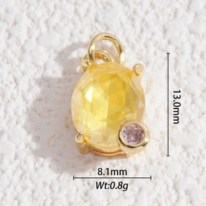 Detail view of 18K gold plated pendant with yellow oval and pink round cut gemstones