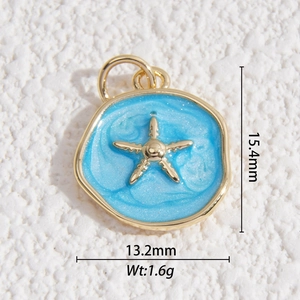 Macro view of a gold starfish pendant with blue enamel and precise dimensions