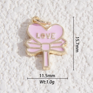Detailed view of heart-shaped lollipop charm with LOVE text and dimensions marked