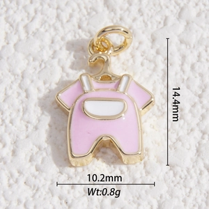 Detailed view of pink enamel baby onesie pendant with metal base and dimensions