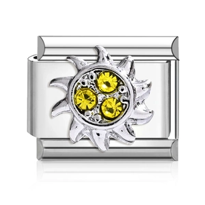Charme italien en acier inoxydable argenté avec motif soleil et pierres de cristal jaunes