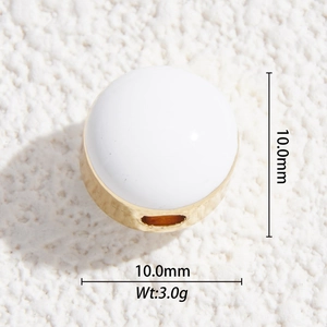 Macro view of 10mm white enamel and gold-plated balloon bead with dimension details
