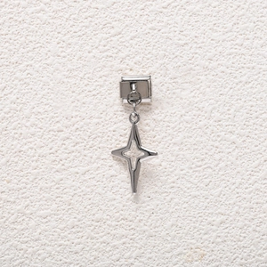 Italian modular stainless steel bracelet link with a silver four-point star pendant charm
