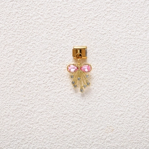 Italian charm link with pink gemstone butterfly bow and dangling gold rhinestone fringe