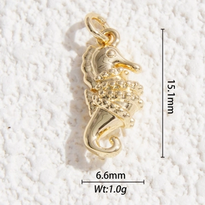 Detailed view of seahorse pendant showing 15.1mm height and 6.6mm width dimensions
