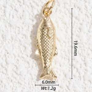 Detail view of gold-plated fish pendant with 19.6mm height and 6.0mm width measurements