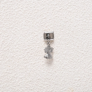 Detail of Italian modular charm featuring a 2022 angel pendant in polished stainless steel