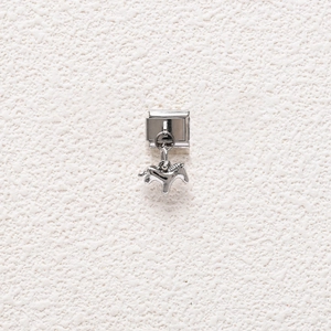 Detailed view of silver stainless steel Italian charm bracelet link with horse pendant