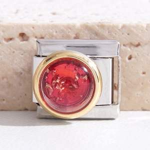 Italienisches Charm-Armband-Glied aus Edelstahl mit rotem Stein und Goldfolien-Einsatz