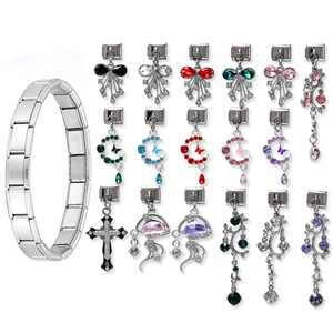 Italian Charm Bracelet Link Stainless Steel Alloy Rhinestone Bowknot Moon Butterfly Jellyfish Cross Pendant DIY Jewelry