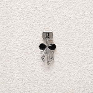 Italian charm link with black enamel bow and sparkling rhinestones for modular bracelets