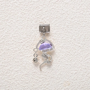 Polished silver jellyfish charm with purple gemstone and crystals for modular bracelets