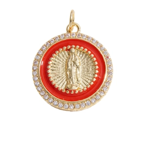 Pendentif Tarot rétro plaqué or 14K avec émail rouge et halo de zircons blancs
