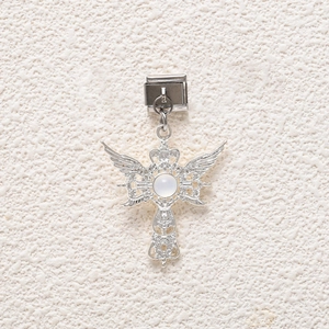 Italian charm bracelet module with silver winged cross pendant and opal style stone center
