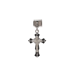 Italian charm link with black enamel cross and sparkling rhinestones for modular bracelet