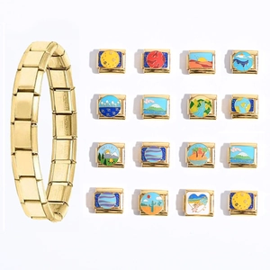Stainless Steel Italian Charm Link Gold Plated Enamel Travel Nature DIY Modular Bracelet Component Jewelry For Men Women